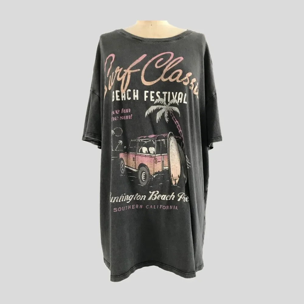 Hollister Gray Short Sleeve Oversized Huntington Beach Surf T Shirt Womens XL - Picture 1 of 7